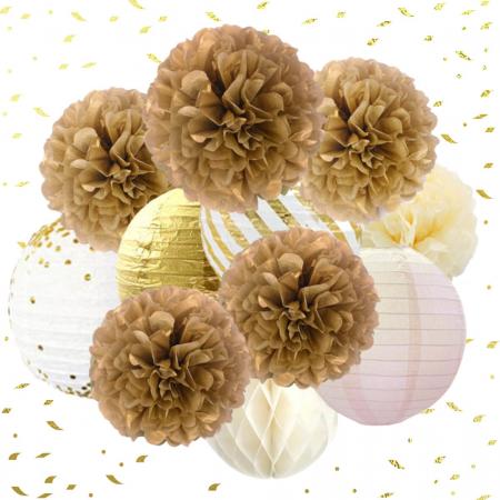 Joya® Pompom en Lampionnen Feest Versiering Goud | Decoratie | Verjaardag, Jubileum & Bruiloft | Goud